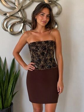 Lian Carlo Sequin Floral Strapless Dress | Size 8